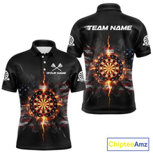 Load image into Gallery viewer, Smoke US Flag Fire Flame Dartboard Custom Men Darts Polo Shirt Patriotic Dart Jerseys NYN1859