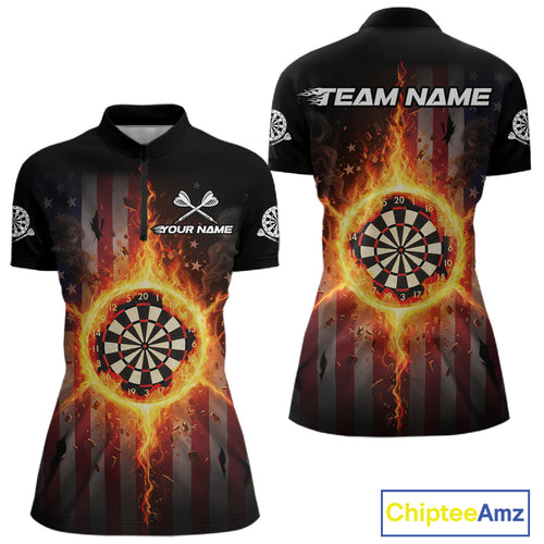 US Flag Fire Flame Cracked Dartboard Custom Women Darts Quarter-Zip Shirt Patriotic Dart Jerseys NYN1860