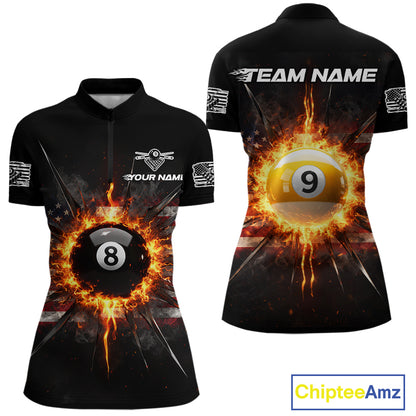 8 Ball Pool 9 Ball Women Billiard Polo & 1/4-Zip Shirt Custom Patriotic Billiard Team Jersey NYN2371