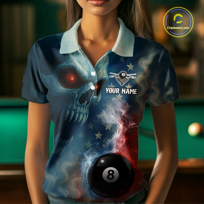 US Flag Smoke 8 Ball Women Billiard Polo & 1/4-Zip Shirt Custom Skull Pool Billiard Team Apparel NYN2383