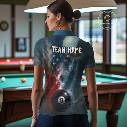 US Flag Smoke 8 Ball Women Billiard Polo & 1/4-Zip Shirt Custom Skull Pool Billiard Team Apparel NYN2383