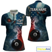 Load image into Gallery viewer, US Flag Smoke 8 Ball Women Billiard Polo &amp; 1/4-Zip Shirt Custom Skull Pool Billiard Team Apparel NYN2383