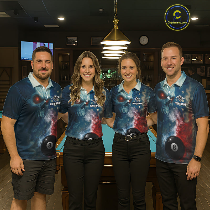 US Flag Smoke 8 Ball Women Billiard Polo & 1/4-Zip Shirt Custom Skull Pool Billiard Team Apparel NYN2383
