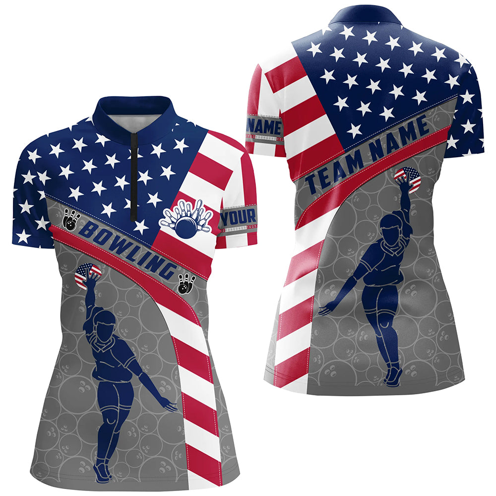 Camo US Flag Bowling Shirt Patritotic Bowling Team Jersey 1/4 Zip Bowling Shirt for Women QZT256