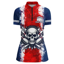 Load image into Gallery viewer, Personalized Bowling Shirt for Women Skull Bowling Jersey US Flag Bowling 1/4 Zip Shirt Unisex QZT269