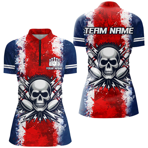 Personalized Bowling Shirt for Women Skull Bowling Jersey US Flag Bowling 1/4 Zip Shirt Unisex QZT269