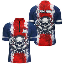 Load image into Gallery viewer, Personalized Bowling Shirt for Men Skull Bowling Jersey US Flag Bowling 1/4 Zip Shirt Unisex QZT269