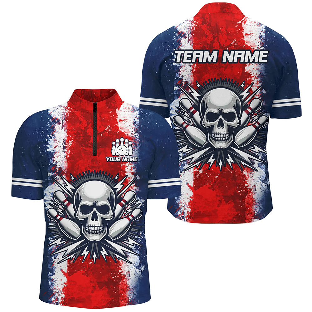 Personalized Bowling Shirt for Men Skull Bowling Jersey US Flag Bowling 1/4 Zip Shirt Unisex QZT269