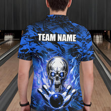 Load image into Gallery viewer, Personalized Blue Flame Skull Bowling Jersey Camo Polo Bowling Team Shirt QZT670