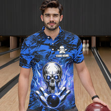 Load image into Gallery viewer, Personalized Blue Flame Skull Bowling Jersey Camo Polo Bowling Team Shirt QZT670