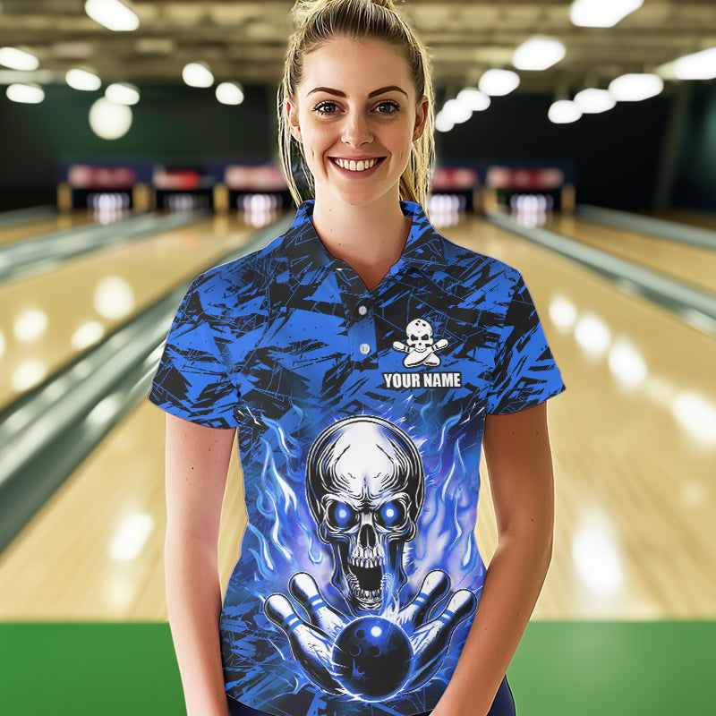 Personalized Blue Flame Skull Bowling Jersey Camo Polo Bowling Team Shirt QZT670