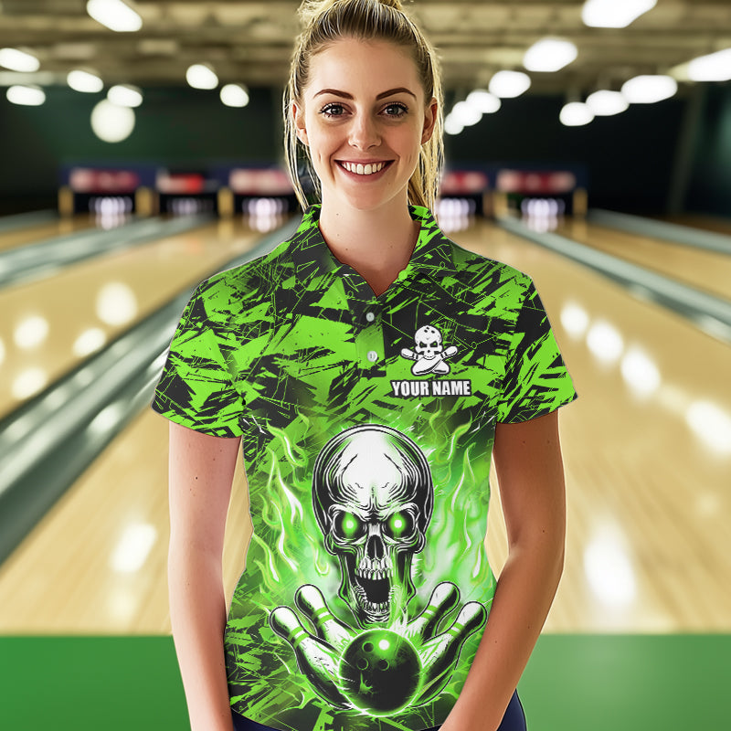 Personalized Green Flame Skull Bowling Jersey Camo Polo Bowling Team Shirt QZT670