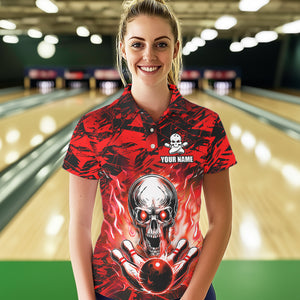 Personalized Red Flame Skull Bowling Jersey Camo Polo Bowling Team Shirt QZT670
