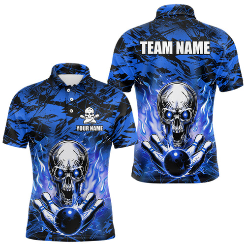 Personalized Blue Flame Skull Bowling Jersey Camo Polo Bowling Team Shirt QZT670