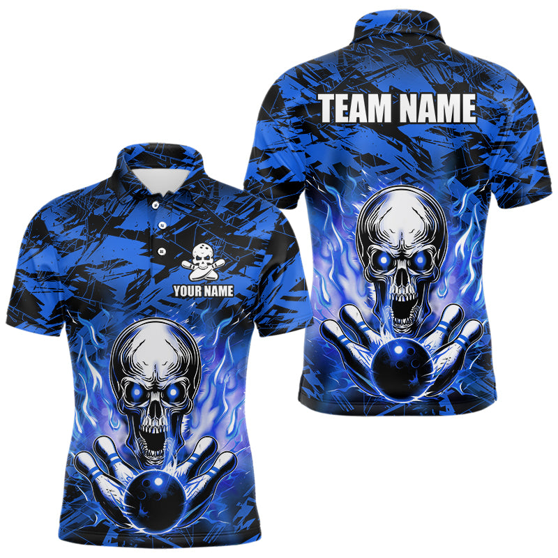 Personalized Blue Flame Skull Bowling Jersey Camo Polo Bowling Team Shirt QZT670