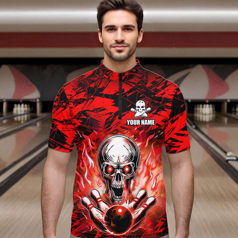 Personalized Red Flame Skull Bowling Jersey Camo Quarter-Zip Bowling Team Shirt QZT670