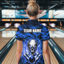 Load image into Gallery viewer, Personalized Blue Flame Skull Bowling Jersey Camo Quarter-Zip Bowling Team Shirt QZT670