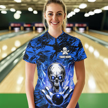 Load image into Gallery viewer, Personalized Blue Flame Skull Bowling Jersey Camo Quarter-Zip Bowling Team Shirt QZT670