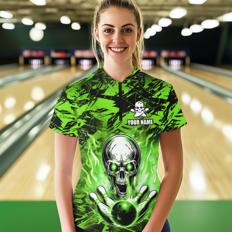 Personalized Green Flame Skull Bowling Jersey Camo Quarter-Zip Bowling Team Shirt QZT670