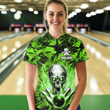 Load image into Gallery viewer, Personalized Green Flame Skull Bowling Jersey Camo Quarter-Zip Bowling Team Shirt QZT670