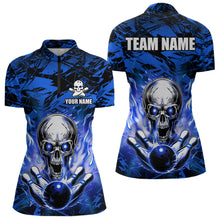 Load image into Gallery viewer, Personalized Blue Flame Skull Bowling Jersey Camo Quarter-Zip Bowling Team Shirt QZT670