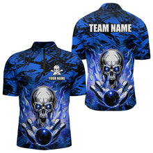 Load image into Gallery viewer, Personalized Blue Flame Skull Bowling Jersey Camo Quarter-Zip Bowling Team Shirt QZT670