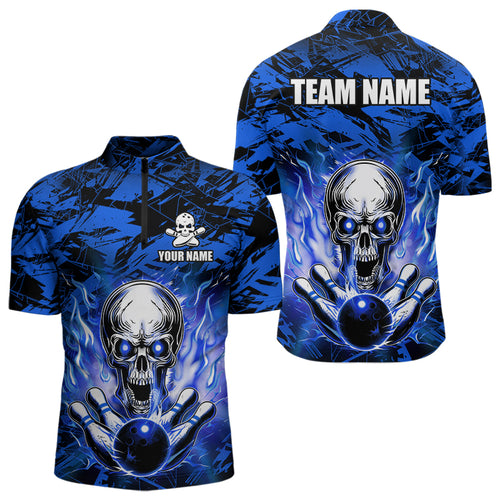 Personalized Blue Flame Skull Bowling Jersey Camo Quarter-Zip Bowling Team Shirt QZT670