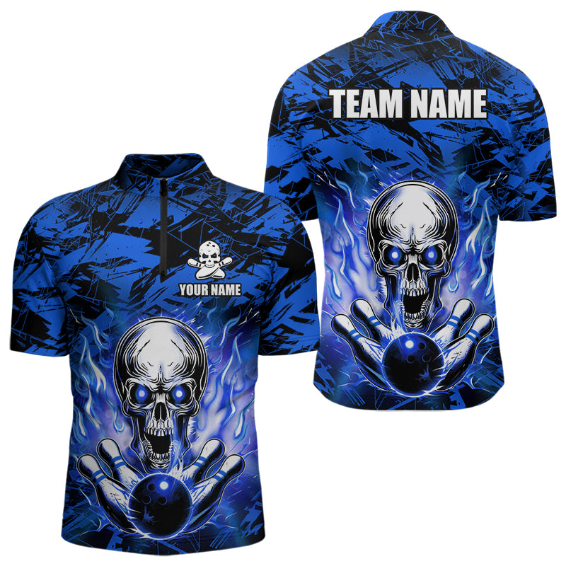 Personalized Blue Flame Skull Bowling Jersey Camo Quarter-Zip Bowling Team Shirt QZT670