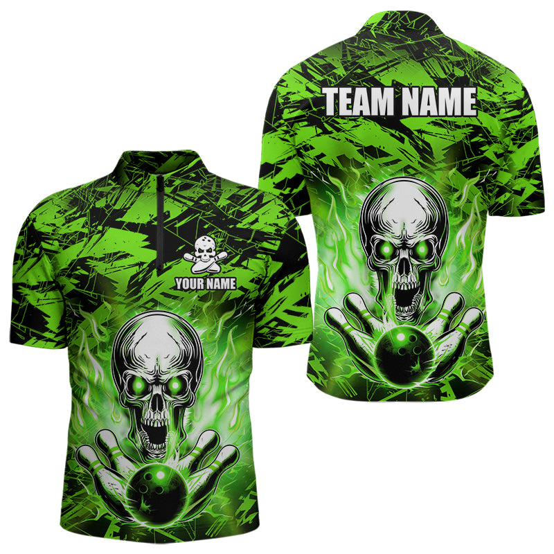 Personalized Green Flame Skull Bowling Jersey Camo Quarter-Zip Bowling Team Shirt QZT670