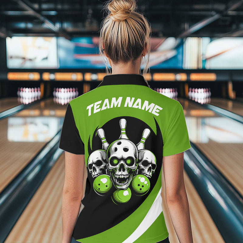 Custom Green Skull Bowling Shirt Quarter-Zip Bowling Jersey for Men Women Bowling Outfit QZT671