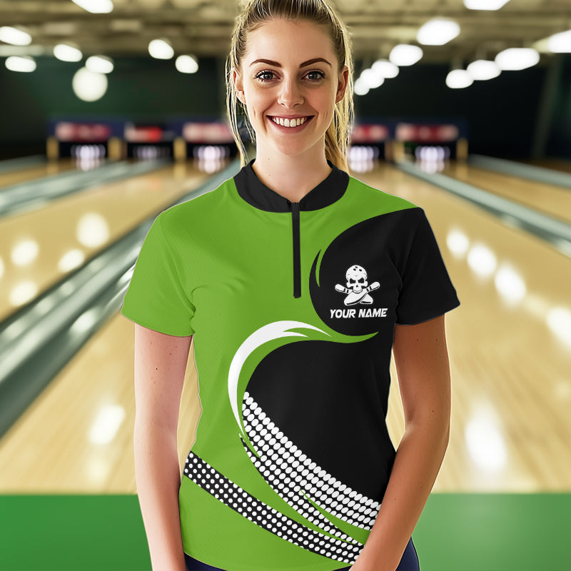 Custom Green Skull Bowling Shirt Quarter-Zip Bowling Jersey for Men Women Bowling Outfit QZT671