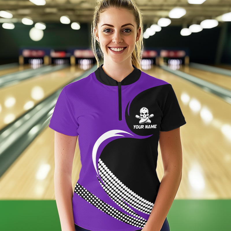 Custom Purple Skull Bowling Shirt Quarter-Zip Bowling Jersey for Men Women Bowling Outfit QZT671