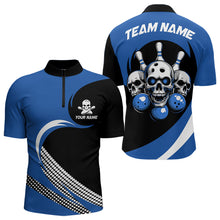 Load image into Gallery viewer, Custom Blue Skull Bowling Shirt Quarter-Zip Bowling Jersey for Men Women Bowling Outfit QZT671