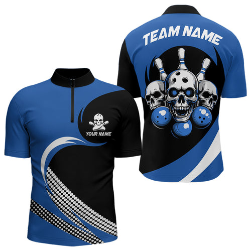 Custom Blue Skull Bowling Shirt Quarter-Zip Bowling Jersey for Men Women Bowling Outfit QZT671