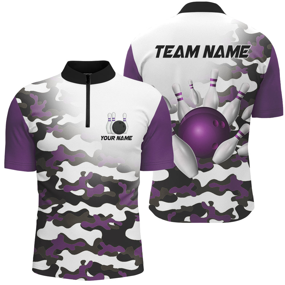 Personalized Camo Purple Bowling Shirts for Men Quarter Zip Bowling Team Jersey QZT504