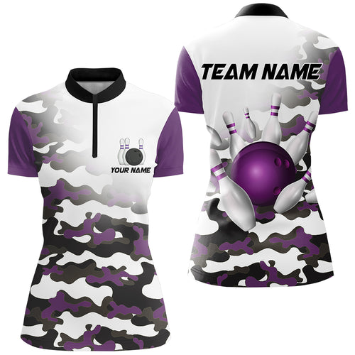 Personalized Camo Purple Bowling Shirts for Women Quarter Zip Bowling Team Jersey QZT504