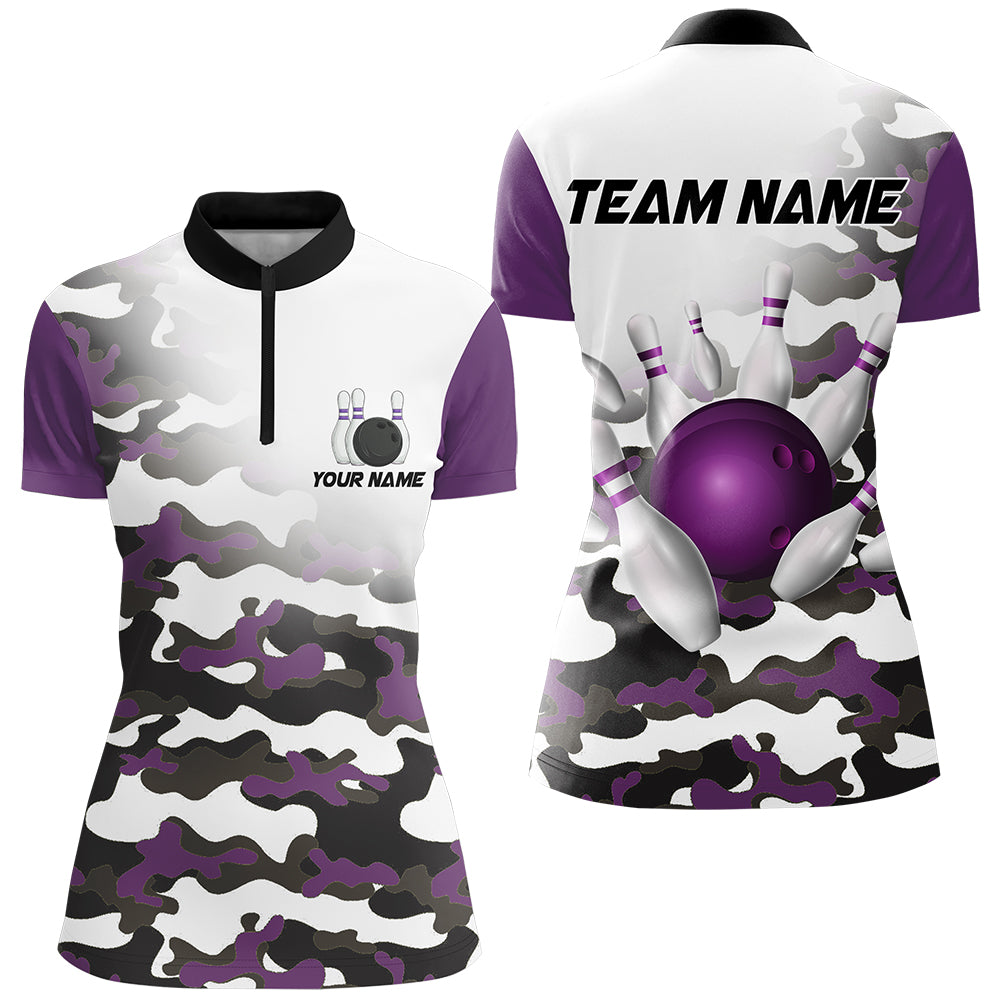 Personalized Camo Purple Bowling Shirts for Women Quarter Zip Bowling Team Jersey QZT504