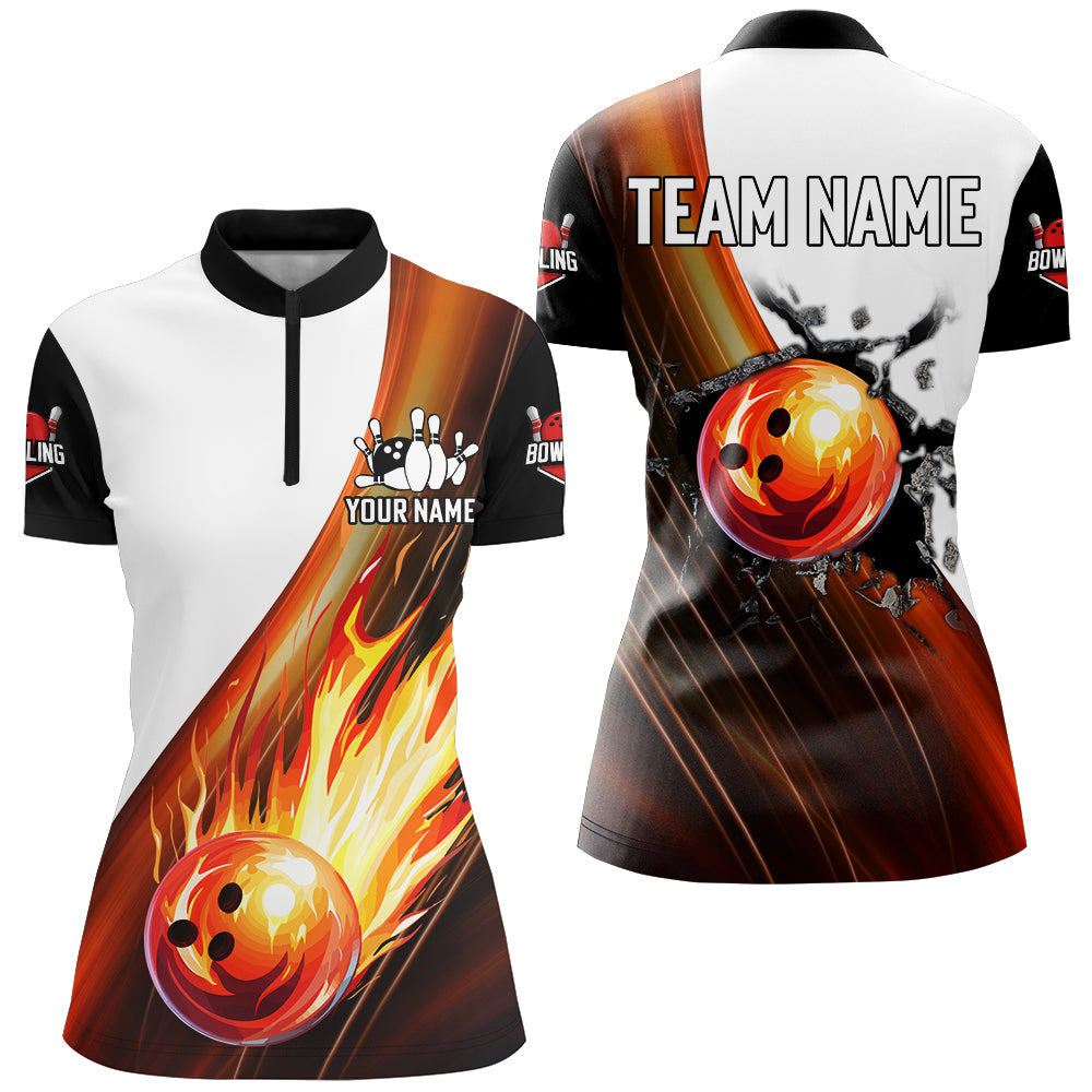 Custom Women Flames Bowling Shirt Fire Bowling Jersey 1/4 Zip Bowling Performance QZT506