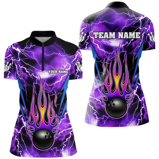 Personalized Thunder Bowling Shirt for Women Flame Bowling Team Jersey 1/4 Zip Shirt QZT277