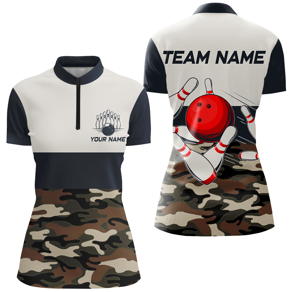 Custom Camo Bowling Team Shirts for Women Bowling Jersey Quarter Zip Bowling Performance QZT510