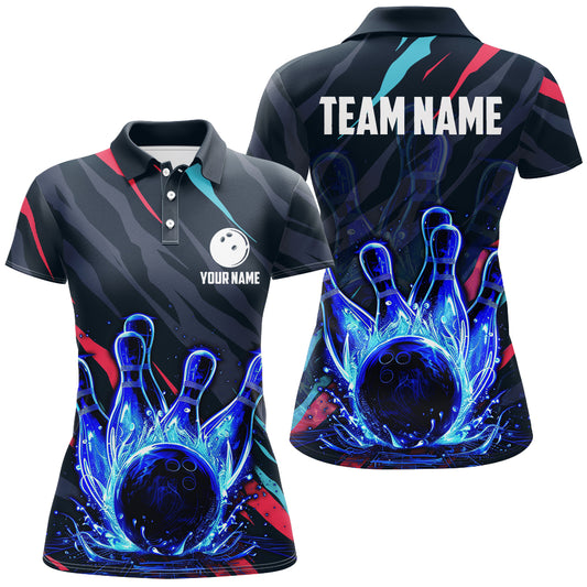 Custom Blue Light Neon Bowling Shirt Women Water Bowling Team Jersey Polo QZT475