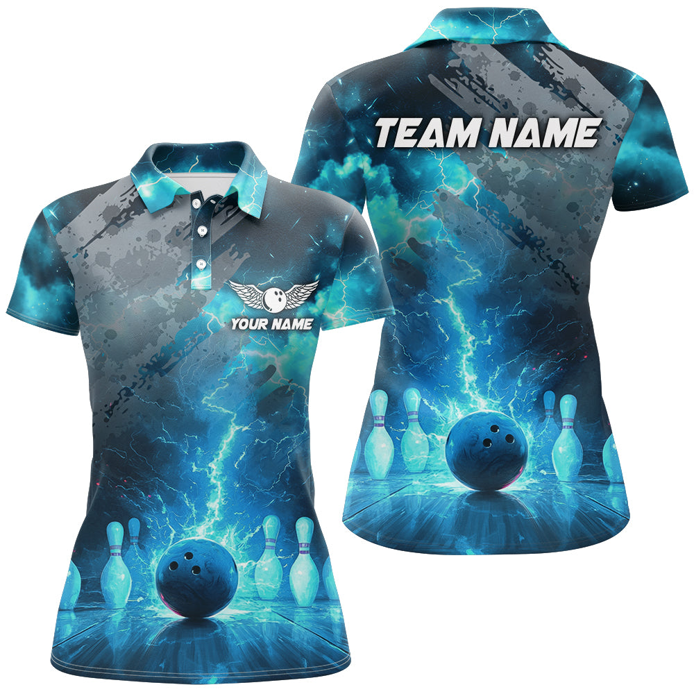 Turquoise Bowling Shirt Custom Thunder Bowling Team Jersey Polo Shirt for Women QZT476
