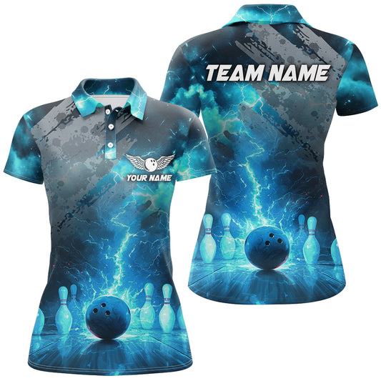 Turquoise Bowling Shirt Custom Thunder Bowling Team Jersey Polo Shirt for Women QZT476