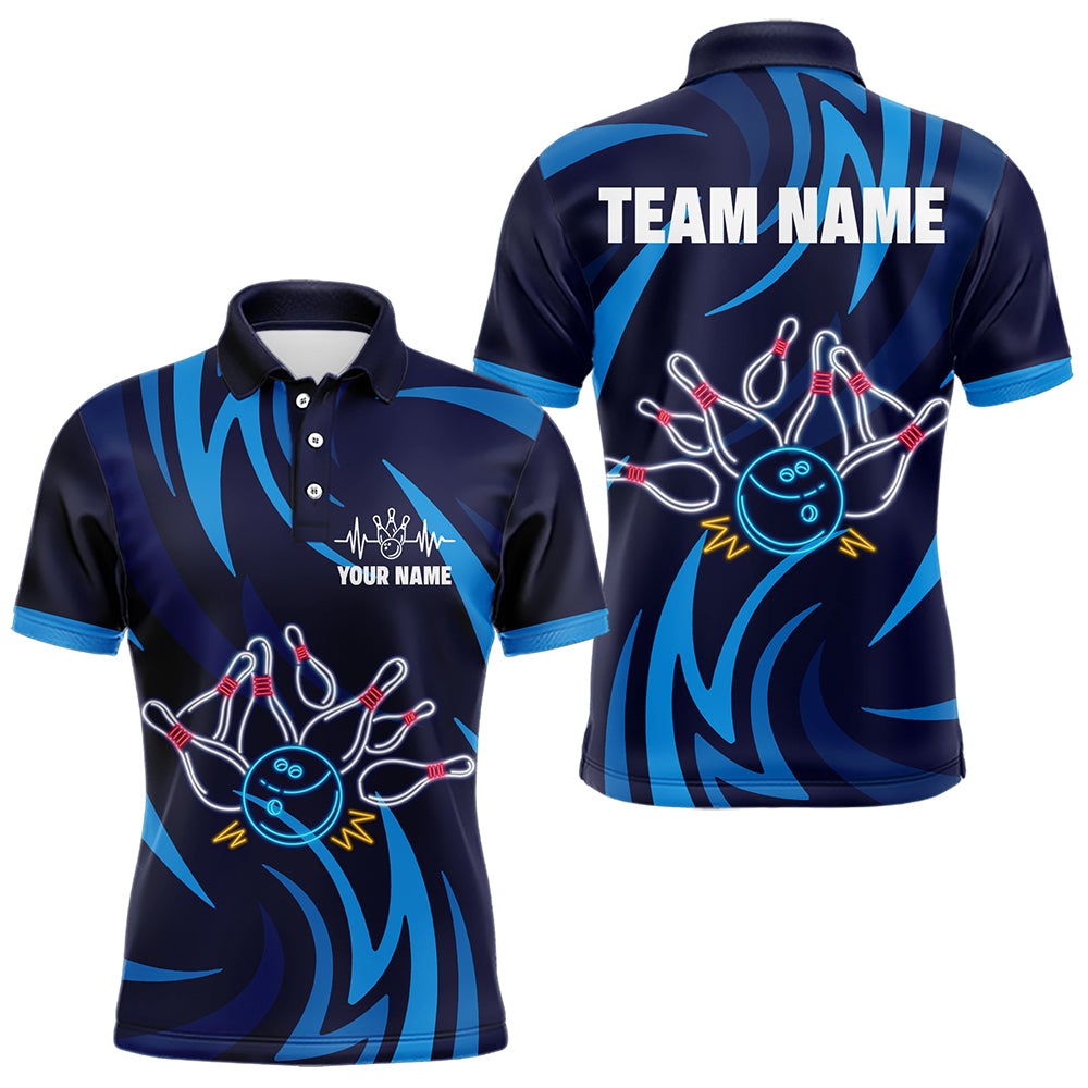 Personalized Neon Blue Bowling Shirts for Men Women Bowling Polo Team Jersey QZT590
