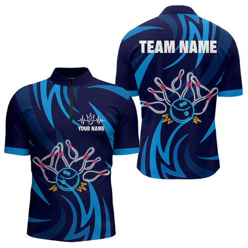 Personalized Neon Blue Bowling Shirts for Men Women Bowling Quarter-Zip Team Jersey QZT590