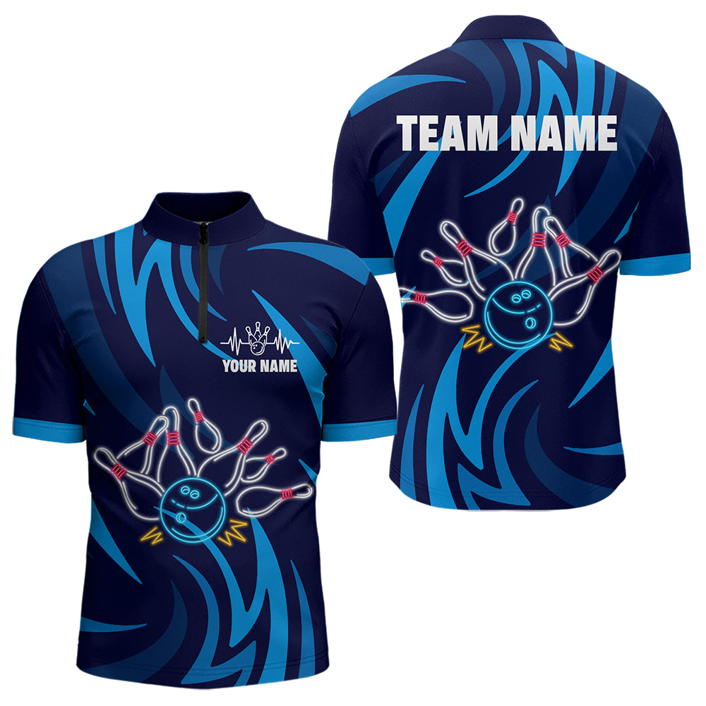 Personalized Neon Blue Bowling Shirts for Men Women Bowling Quarter-Zip Team Jersey QZT590