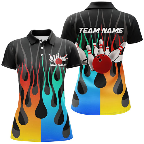 Custom Women Bowling Shirts Flame Bowling Team Jersey Polo Bowling Gifts QZT507