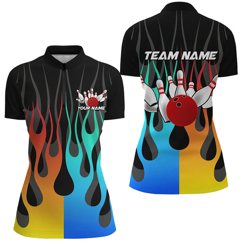 Custom Women Bowling Shirts Flame Bowling Team Jersey Quarter Zip Bowling Gifts QZT507