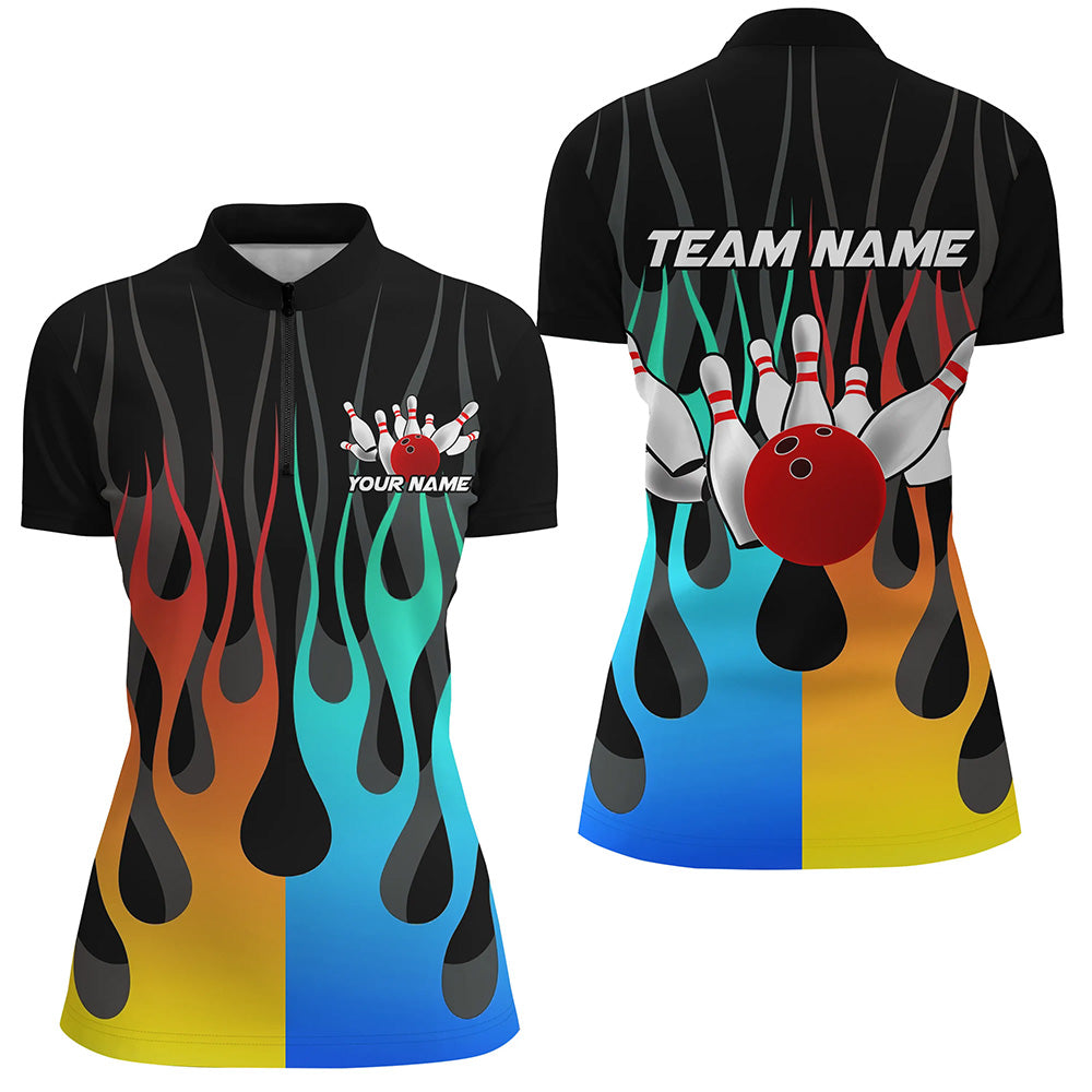 Custom Women Bowling Shirts Flame Bowling Team Jersey Quarter Zip Bowling Gifts QZT507