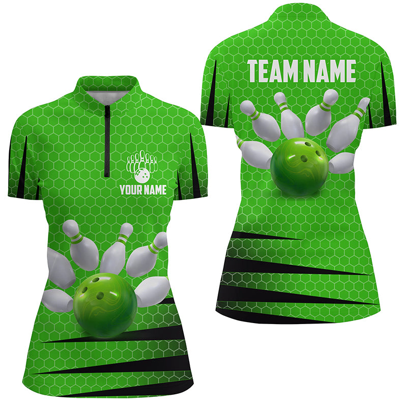 Personalized Bowling Jersey Green Bowling Shirt for Women Bowling Team League 1/4 Zip Shirt QZT270